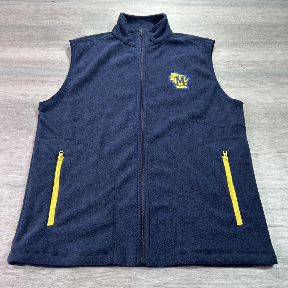 Milwaukee Brewers Vest Mens XL Navy Fleece Full Zip MLB Baseball Sleeveless SGA